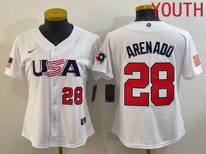Youth 2023 World Cub USA 28 Arenado White MLB Jersey3